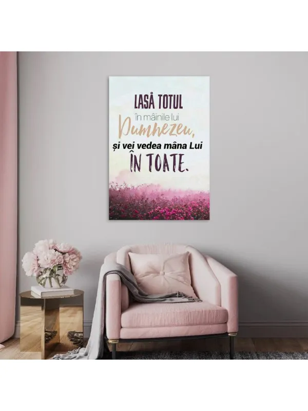 Tablou canvas Lasă totul în mâinile lui Dumnezeu – citat cu câmp de flori mov — imaginea 5