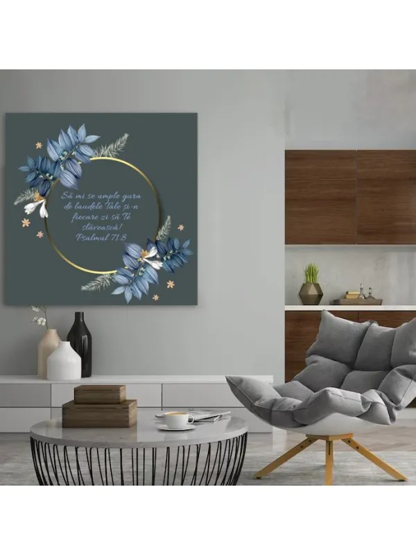 Tablou canvas Laudele Tale – Psalmul 71:8 în cerc auriu cu frunze albastre — imaginea 2