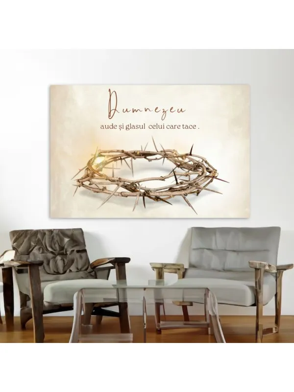 Tablou canvas Dumnezeu aude și glasul celui care tace – coroană de spini, fond crem — imaginea 2