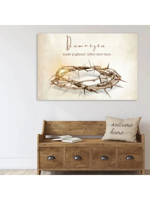 Tablou canvas Dumnezeu aude și glasul celui care tace – coroană de spini, fond crem — imaginea 3