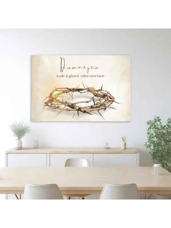 Tablou canvas Dumnezeu aude și glasul celui care tace – coroană de spini, fond crem — imaginea 4
