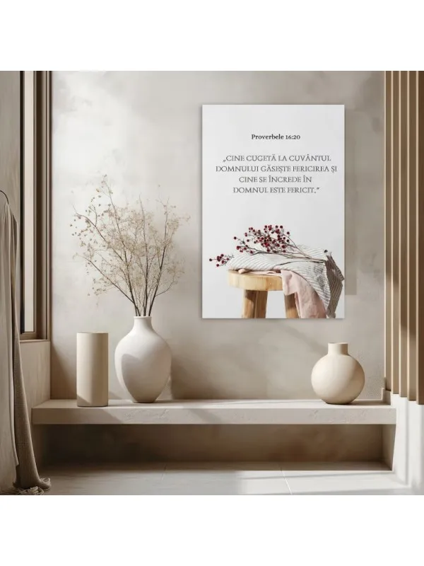 Tablou canvas Proverbele 16:20 – verset, taburet și ramură cu bobițe roșii — imaginea 4