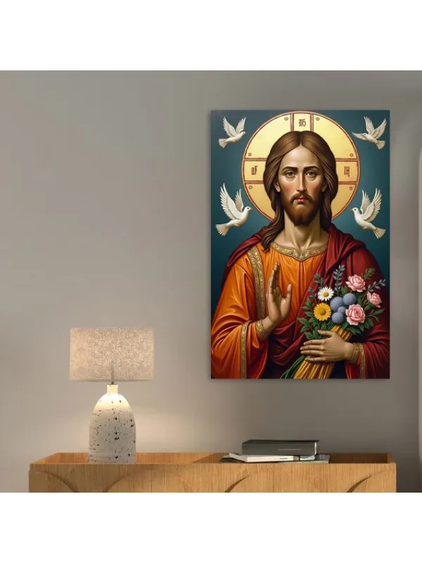 Tablou canvas Binecuvântarea, Iisus Hristos – buchet de flori și porumbei albi — imaginea 2