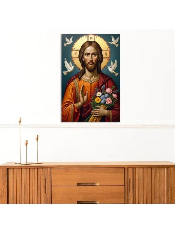 Tablou canvas Binecuvântarea, Iisus Hristos – buchet de flori și porumbei albi — imaginea 4