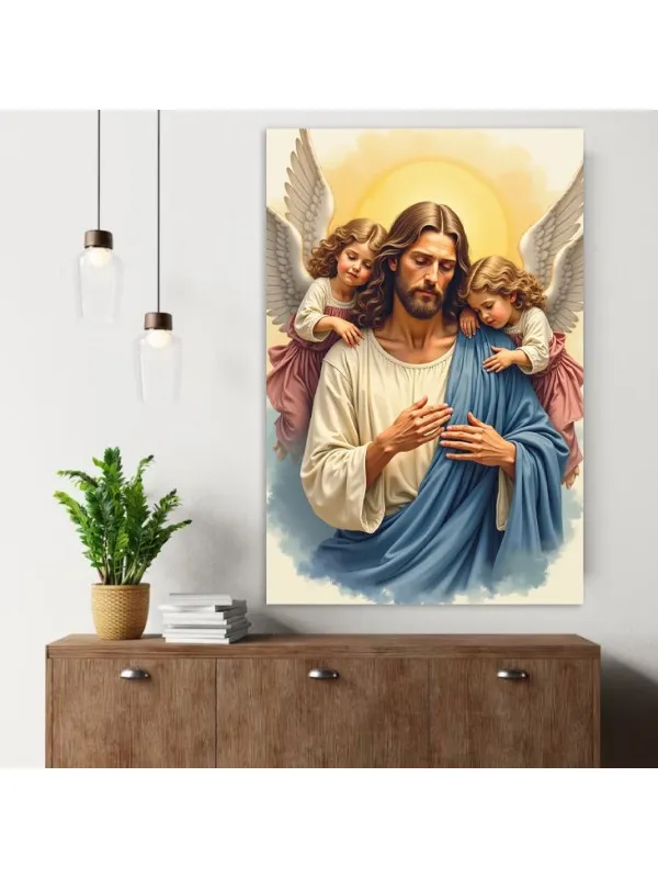 Tablou canvas Iisus și îngerașii – doi îngeri pe umeri, lumină aurie — imaginea 2