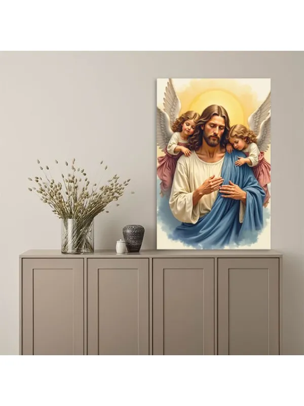 Tablou canvas Iisus și îngerașii – doi îngeri pe umeri, lumină aurie — imaginea 4