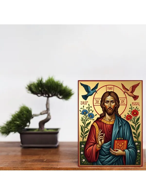 Tablou canvas Mântuitorul, purtătorul de lumină – păsări și flori pe fond auriu — imaginea 2
