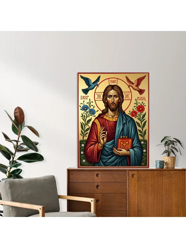 Tablou canvas Mântuitorul, purtătorul de lumină – păsări și flori pe fond auriu — imaginea 3