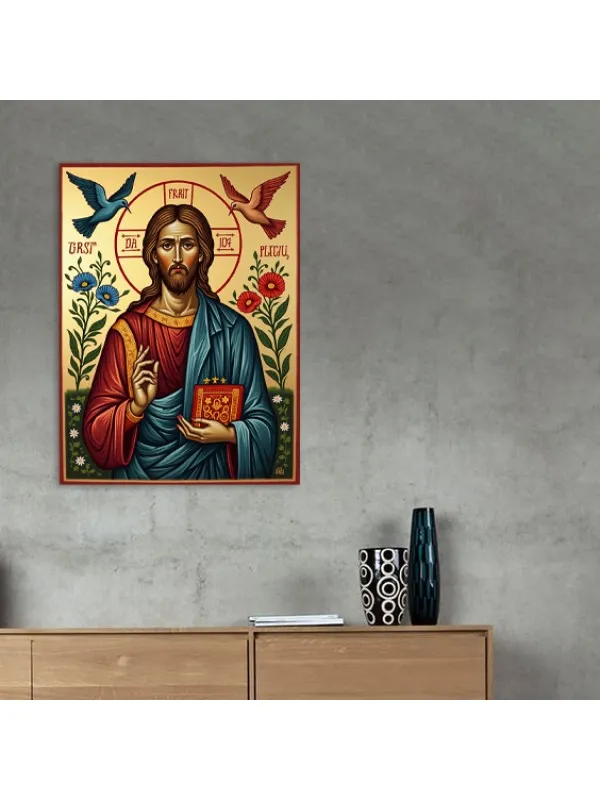 Tablou canvas Mântuitorul, purtătorul de lumină – păsări și flori pe fond auriu — imaginea 4