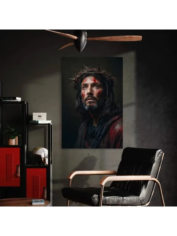 Tablou canvas Chipul pătimirii – portret cu coroană de spini, fond negru — imaginea 2