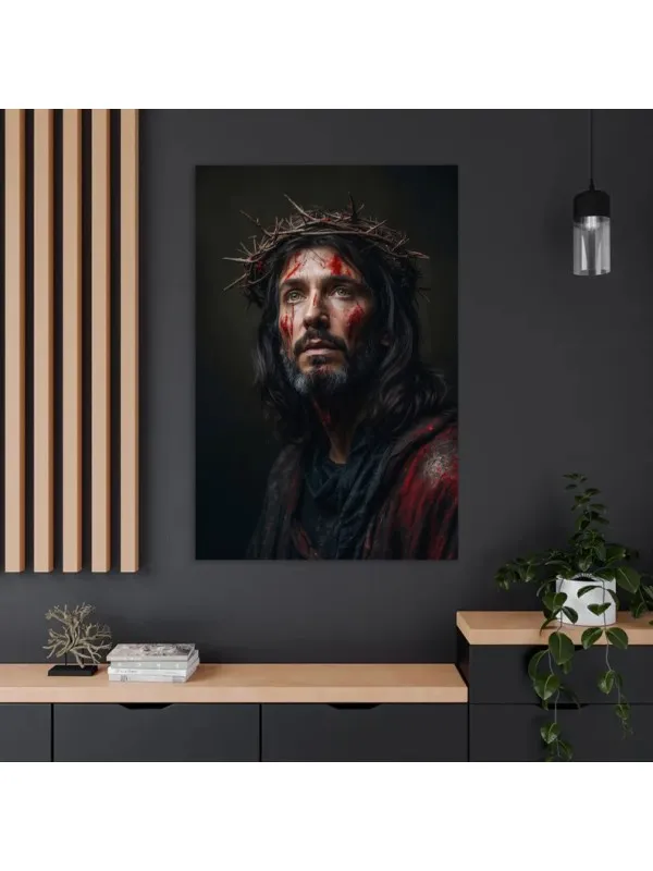 Tablou canvas Chipul pătimirii – portret cu coroană de spini, fond negru — imaginea 3
