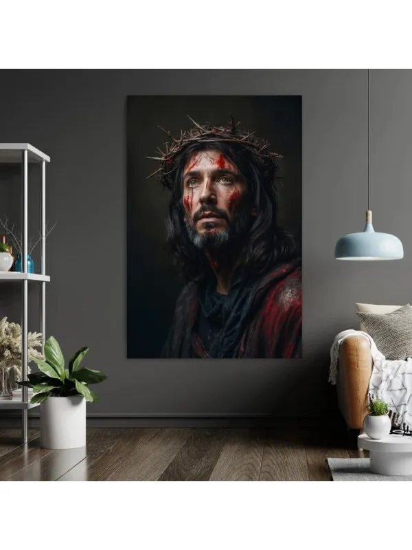 Tablou canvas Chipul pătimirii – portret cu coroană de spini, fond negru — imaginea 4