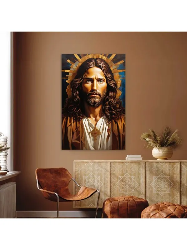Tablou canvas Ocrotirea divină – portret cu raze aurii pe fond albastru — imaginea 2