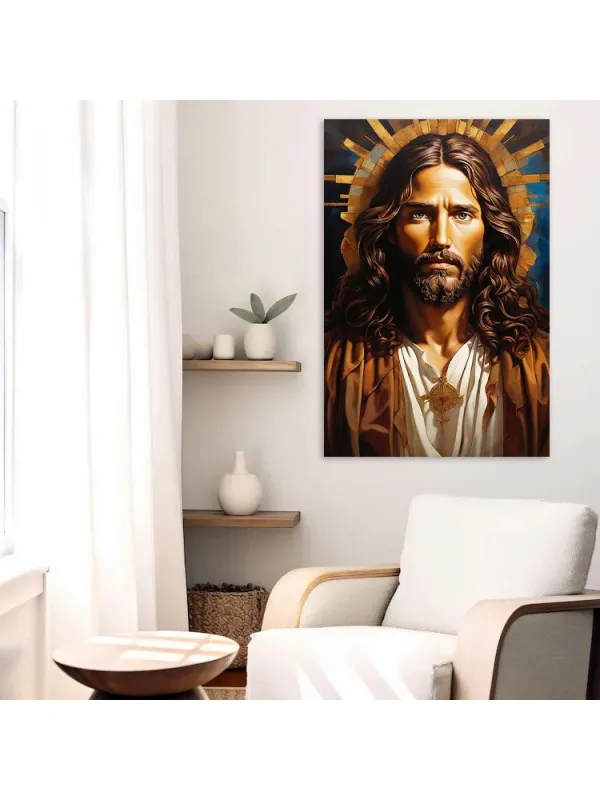 Tablou canvas Ocrotirea divină – portret cu raze aurii pe fond albastru — imaginea 3
