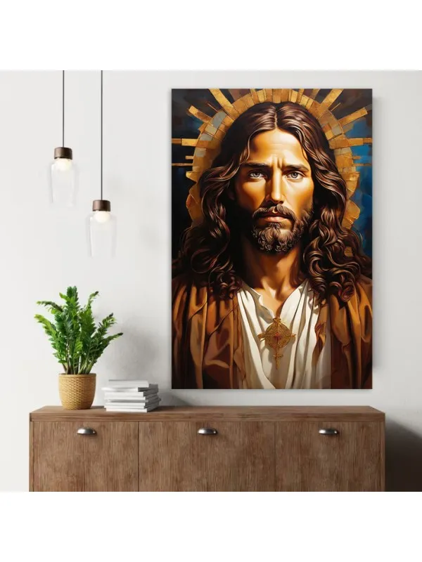Tablou canvas Ocrotirea divină – portret cu raze aurii pe fond albastru — imaginea 4