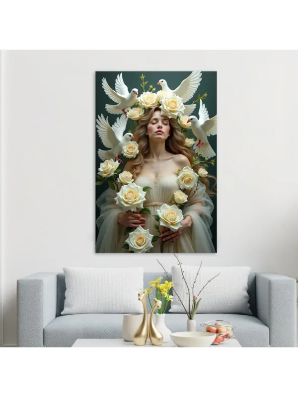 Tablou canvas Divinitate îngerească – femeie cu trandafiri albi și porumbei — imaginea 2