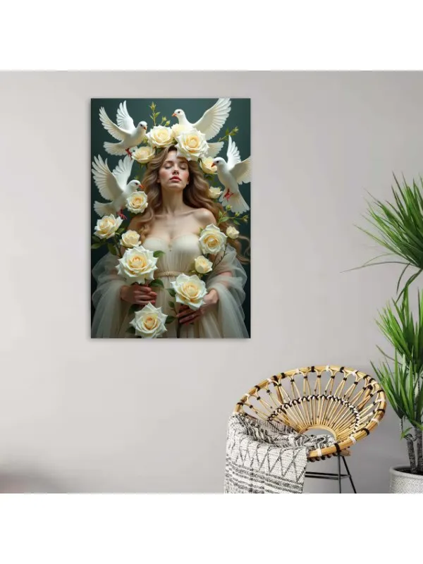Tablou canvas Divinitate îngerească – femeie cu trandafiri albi și porumbei — imaginea 4