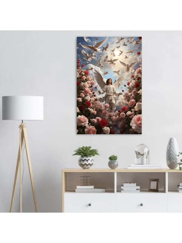 Tablou canvas Zburând printre nori – înger în cer cu stol de porumbei — imaginea 2