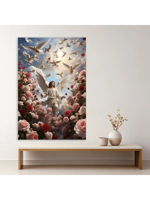 Tablou canvas Zburând printre nori – înger în cer cu stol de porumbei — imaginea 3