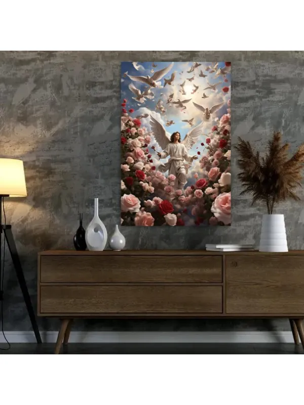 Tablou canvas Zburând printre nori – înger în cer cu stol de porumbei — imaginea 4