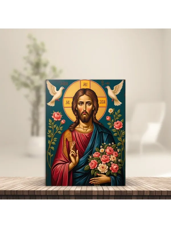 Tablou canvas Harul infinit – Iisus cu buchet de trandafiri și porumbei — imaginea 2