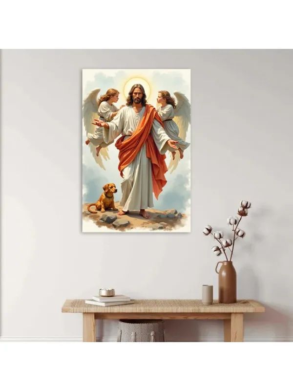 Tablou canvas Îmbrățișarea iubirii divine – Iisus, doi îngeri și un cățel — imaginea 2