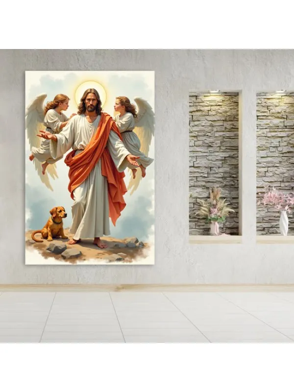Tablou canvas Îmbrățișarea iubirii divine – Iisus, doi îngeri și un cățel — imaginea 3