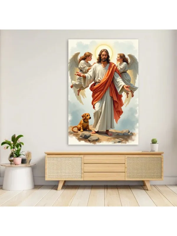 Tablou canvas Îmbrățișarea iubirii divine – Iisus, doi îngeri și un cățel — imaginea 4