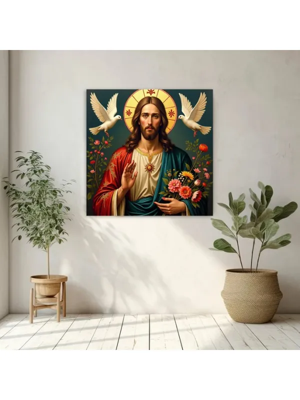 Tablou canvas Mântuitorul cu buchetul sacru – aureolă ornamentată și doi porumbei — imaginea 2