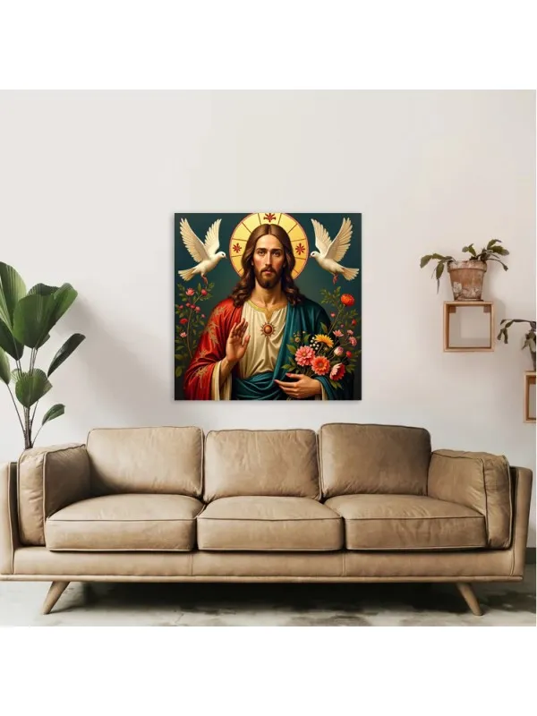 Tablou canvas Mântuitorul cu buchetul sacru – aureolă ornamentată și doi porumbei — imaginea 3