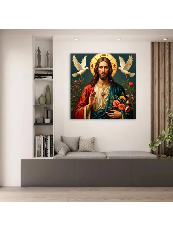 Tablou canvas Mântuitorul cu buchetul sacru – aureolă ornamentată și doi porumbei — imaginea 4