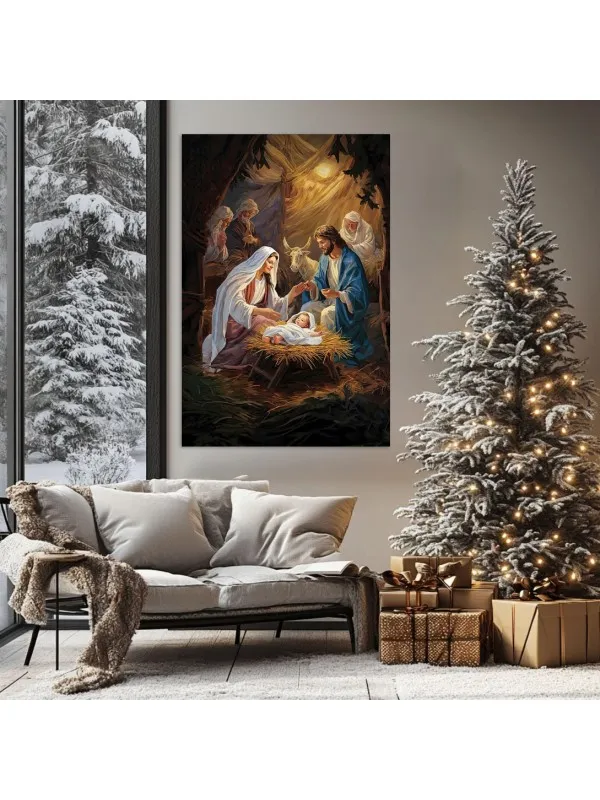 Tablou canvas Steaua din Betleem – Sfânta Familie lângă iesle — imaginea 2
