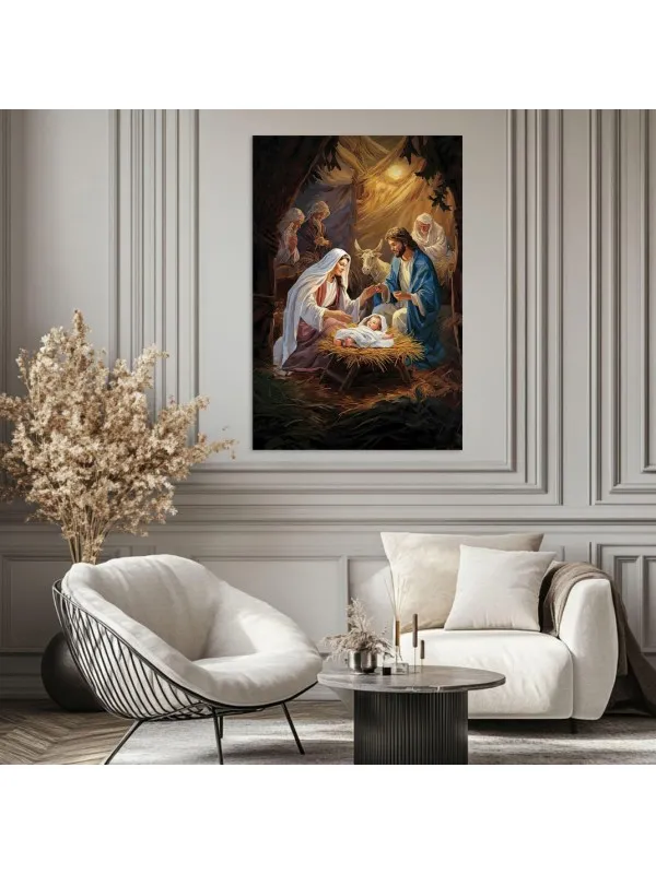 Tablou canvas Steaua din Betleem – Sfânta Familie lângă iesle — imaginea 3