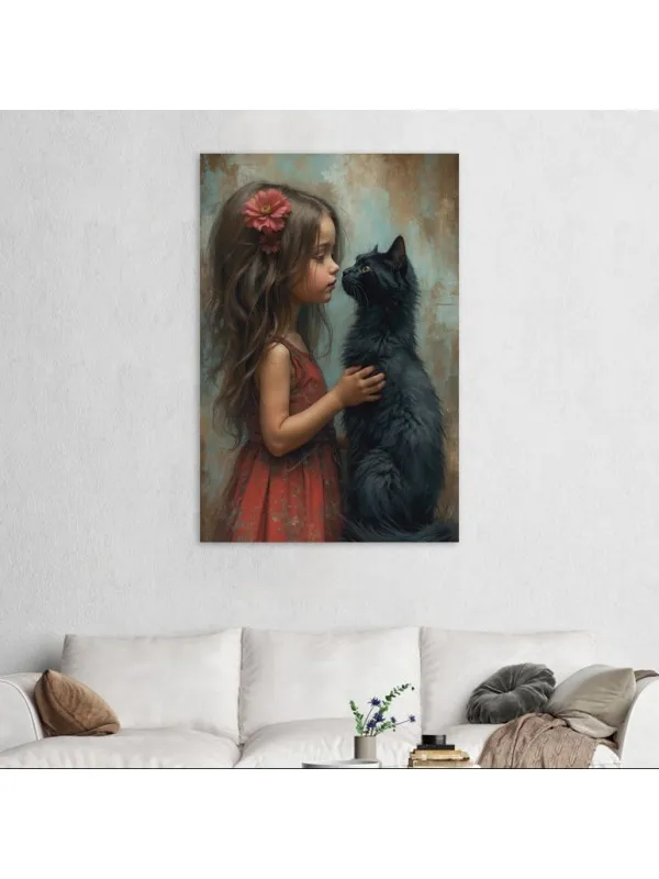 Tablou canvas Fetița cu pisica – portret artistic — imaginea 2