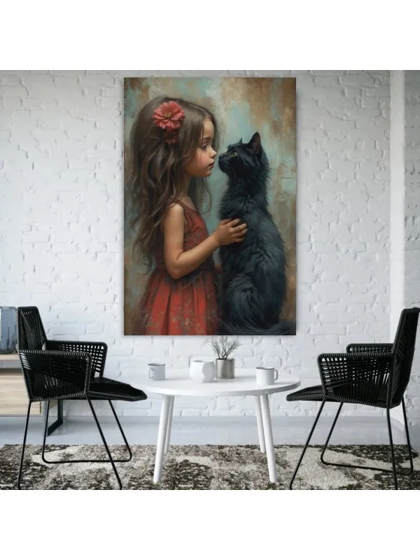 Tablou canvas Fetița cu pisica – portret artistic — imaginea 3