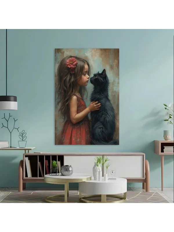Tablou canvas Fetița cu pisica – portret artistic — imaginea 4