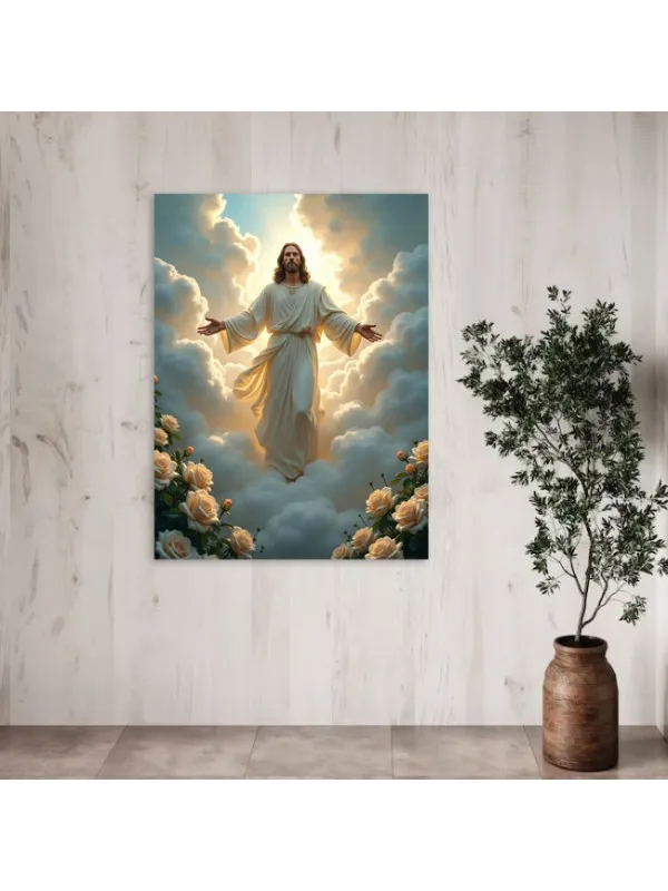 Tablou canvas Sfântul Duh divin – Iisus în nori, între trandafiri crem — imaginea 4
