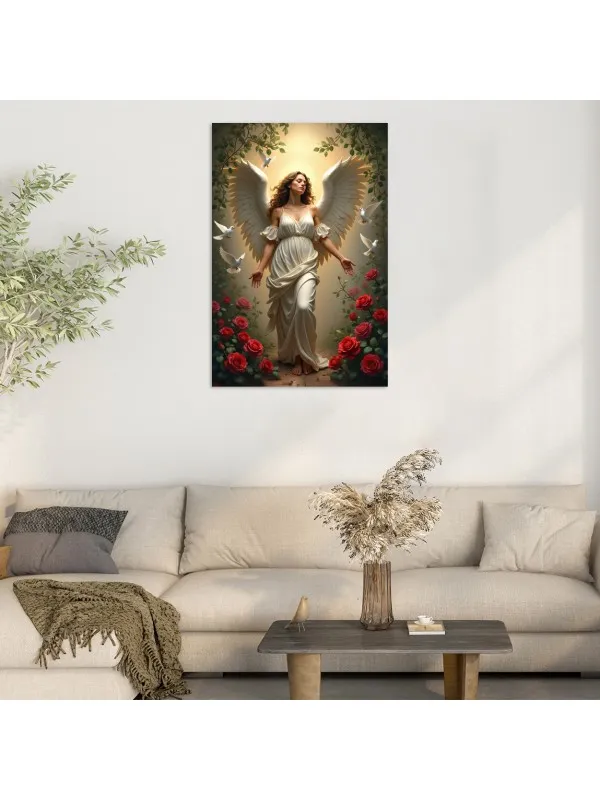 Tablou canvas Spirit liber – înger cu ochii închiși, porumbei în zbor — imaginea 2
