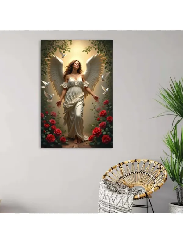 Tablou canvas Spirit liber – înger cu ochii închiși, porumbei în zbor — imaginea 4