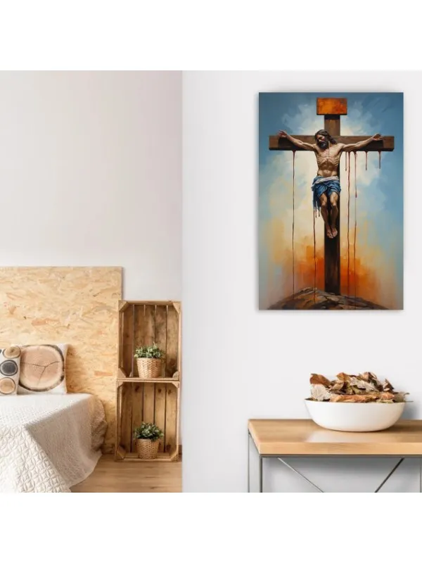 Tablou canvas Sfânta iertare – Iisus pe cruce, cer albastru și portocaliu — imaginea 2