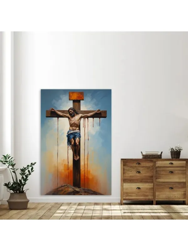Tablou canvas Sfânta iertare – Iisus pe cruce, cer albastru și portocaliu — imaginea 3