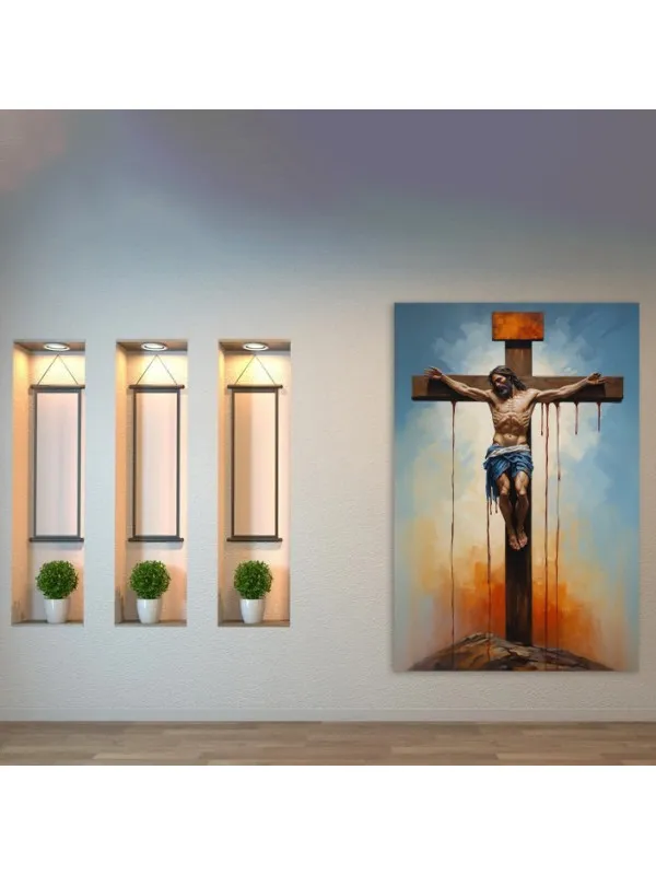 Tablou canvas Sfânta iertare – Iisus pe cruce, cer albastru și portocaliu — imaginea 4