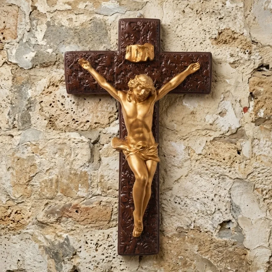 Cruce din ipsos cu Iisus răstignit și relief floral – culoare nuc, 44 x 27 cm — imaginea 3