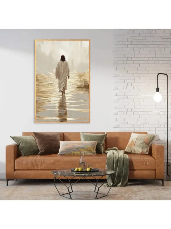 Tablou canvas Drumul celest cu foiță aurie – Iisus pe ape, tonuri crem — imaginea 4