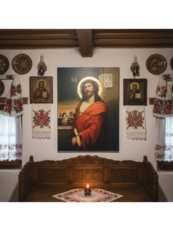 Tablou canvas Iisus cu coroana de spini – mantie roșie, mâini legate — imaginea 4