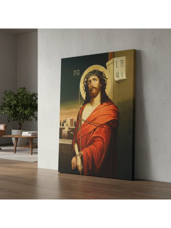 Tablou canvas Iisus cu coroana de spini – mantie roșie, mâini legate — imaginea 5