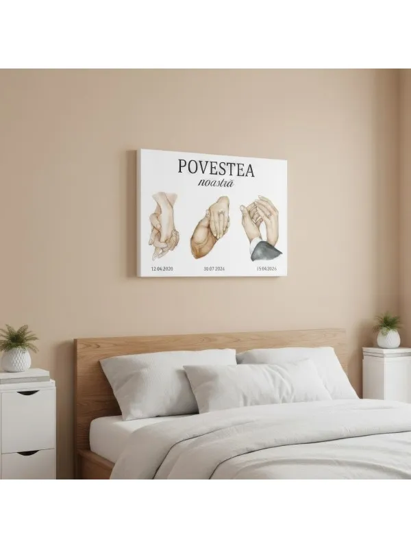 Tablou canvas personalizat Povestea noastră – desene de mâini și trei date — imaginea 2