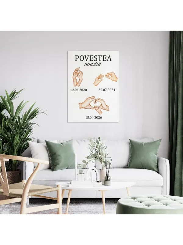 Tablou canvas personalizat Povestea noastră – mâini și inimă, format vertical — imaginea 2