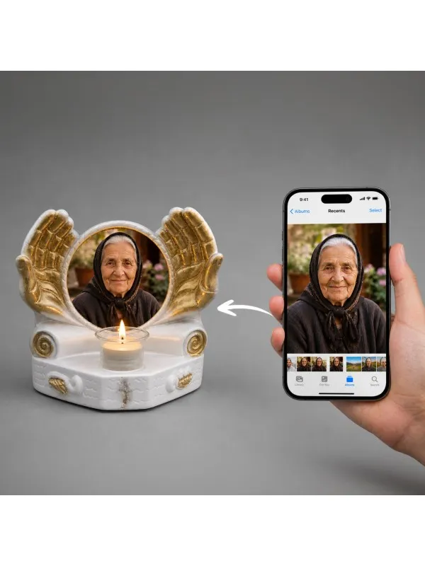 Candelă memorială personalizată cu poză – Mâini îngerești — imaginea 4