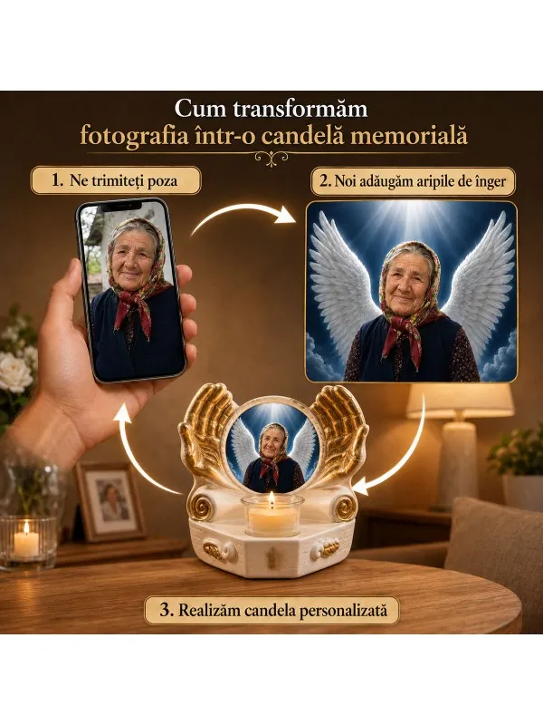 Candelă memorială personalizată cu poză – Aripi de îngeri — imaginea 2